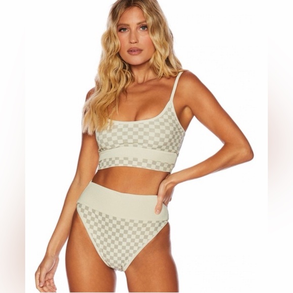 NWOT Beach Riot Eva Bikini in Tan Checkered Top M and Bottoms L High Waisted Set - Picture 12 of 15